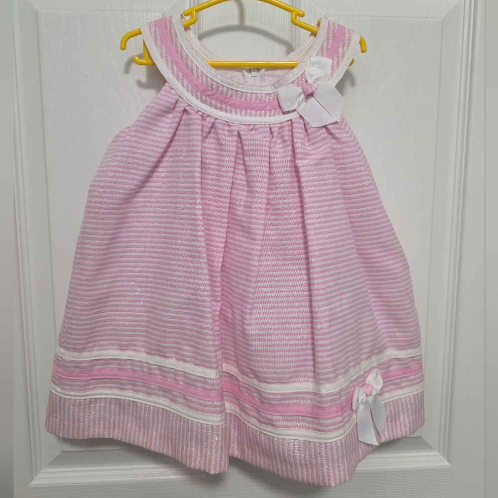 EUC Bonnie Baby Pink and White Striped Dress with Bows and Matching Bloomers